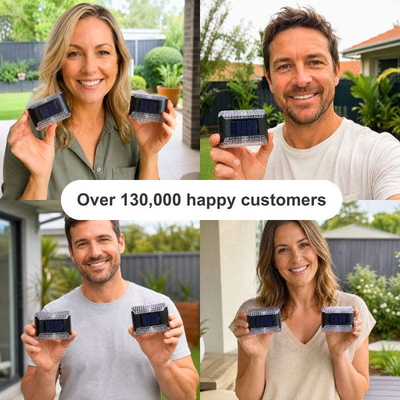 A 2x2 collage showing four smiling couples outdoors holding small dark rectangular solar battery packs. A white banner across the center reads 'Over 130,000 happy customers'.
