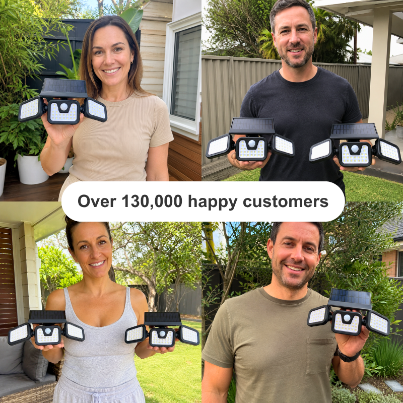 A four-panel collage showing different people outdoors holding black rectangular solar-powered light fixtures with multiple white panel lights. A large white banner across the center reads 'Over 130,000 happy customers'.