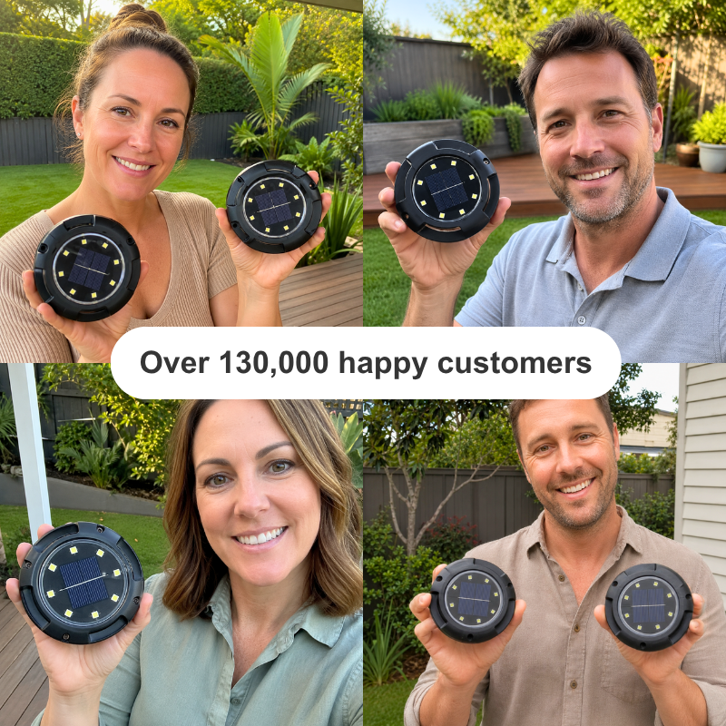 A four-panel collage showing multiple people outdoors holding round solar-powered devices, with a central banner reading 'Over 130,000 happy customers.' The product appears to be a small black circular solar light or controller with a dark blue solar panel and small yellow indicator dots.
