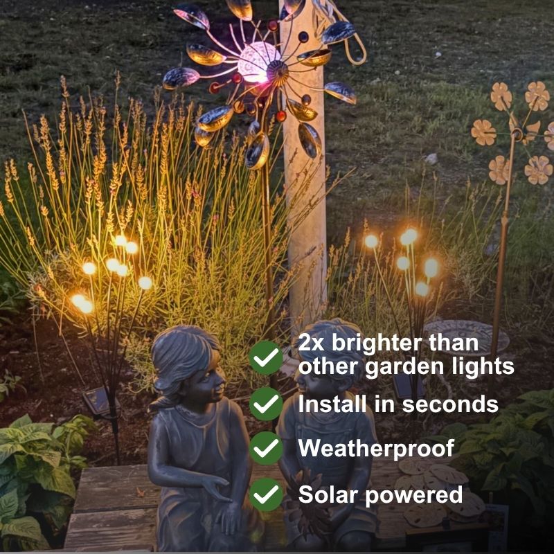 Solar-powered garden lights displayed in a garden setting at dusk, featuring a metal flower wind spinner, glowing solar posts, and a child statue. Text overlays highlight key product features like '2x brighter than other garden lights', 'Install in seconds', 'Weatherproof', and 'Solar powered'.