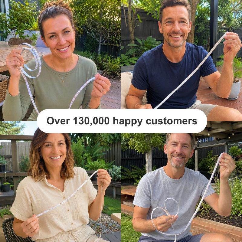 A four-panel collage showing different people outdoors holding and stretching a clear, flexible cable or strap. A white text banner across the center reads 'Over 130,000 happy customers'.