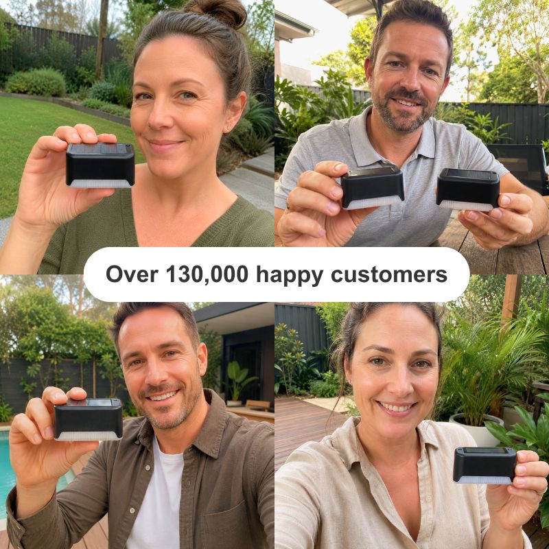 A four-panel collage showing people outdoors holding small rectangular black-and-white devices, with a central text banner reading 'Over 130,000 happy customers'. Because people and real outdoor environments are clearly present, this is Lifestyle rather than Product/Packaging.